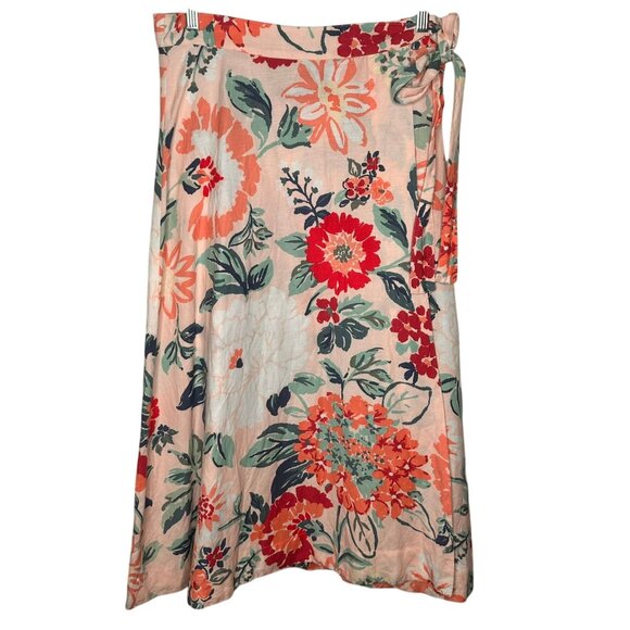 Loft Floral Wrap Maxi Skirt Womens 8 Pink/Orange Linen Blend Resort Cottage - Picture 1 of 8